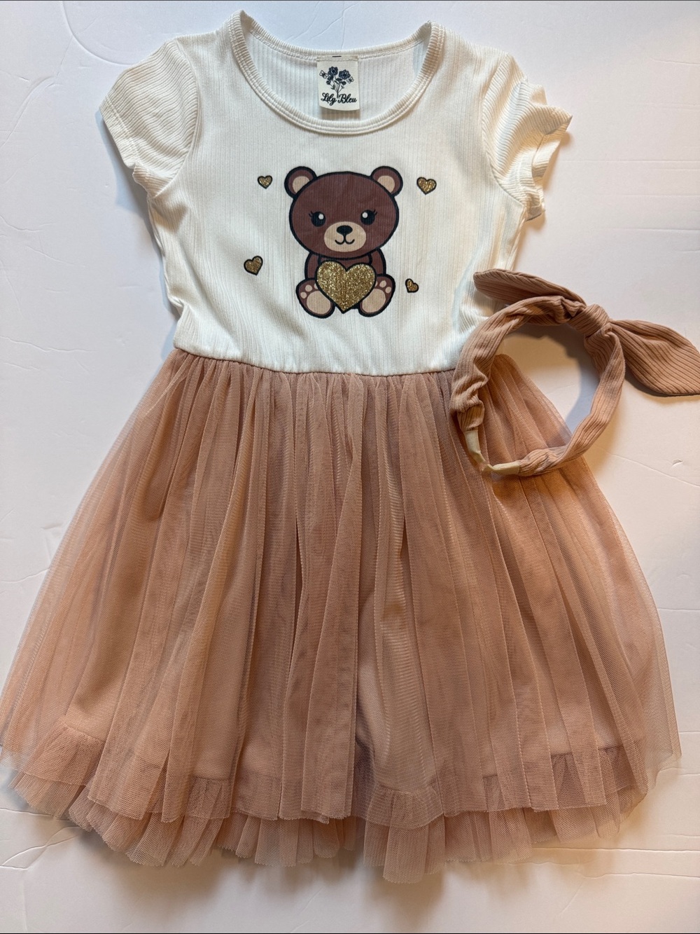 Lily Bleu Dress White Top with Brown Bear and Tulle Bottom
